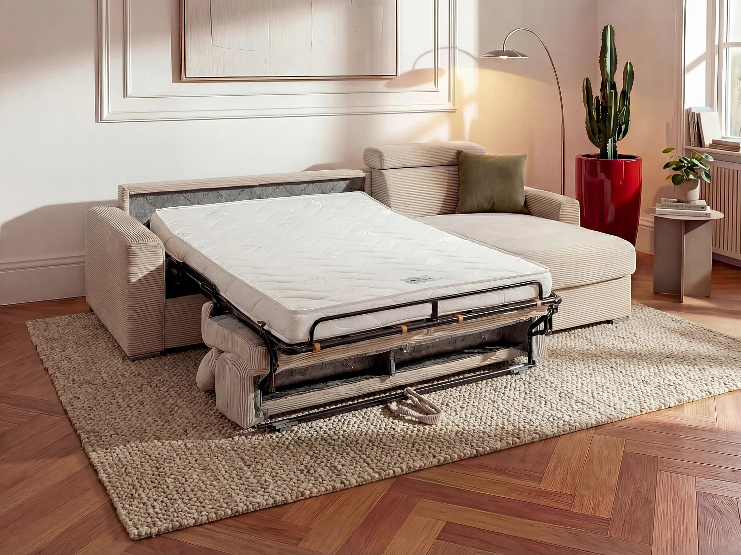 Reversibel bäddsoffa med snabböppning i beige manchestersammet - Bäddyta 160 cm - Madrass 18 cm - VIZIR