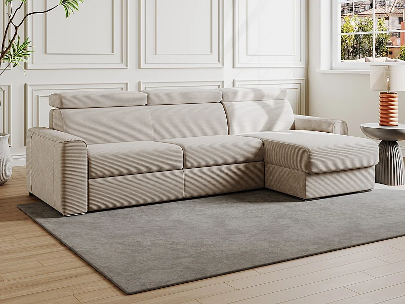 Vendbar hjørnesofa med soveseng i beige kordfløyel - Sengebredde 160 cm - Madrass 18 cm - VIZIR