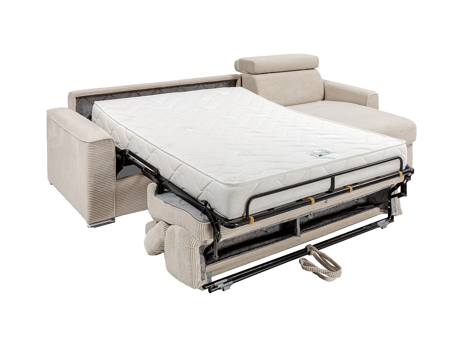 Canapé d'angle réversible convertible express en velours côtelé beige - Couchage à lattes larges 160 cm - Matelas 18 cm - VIZIR