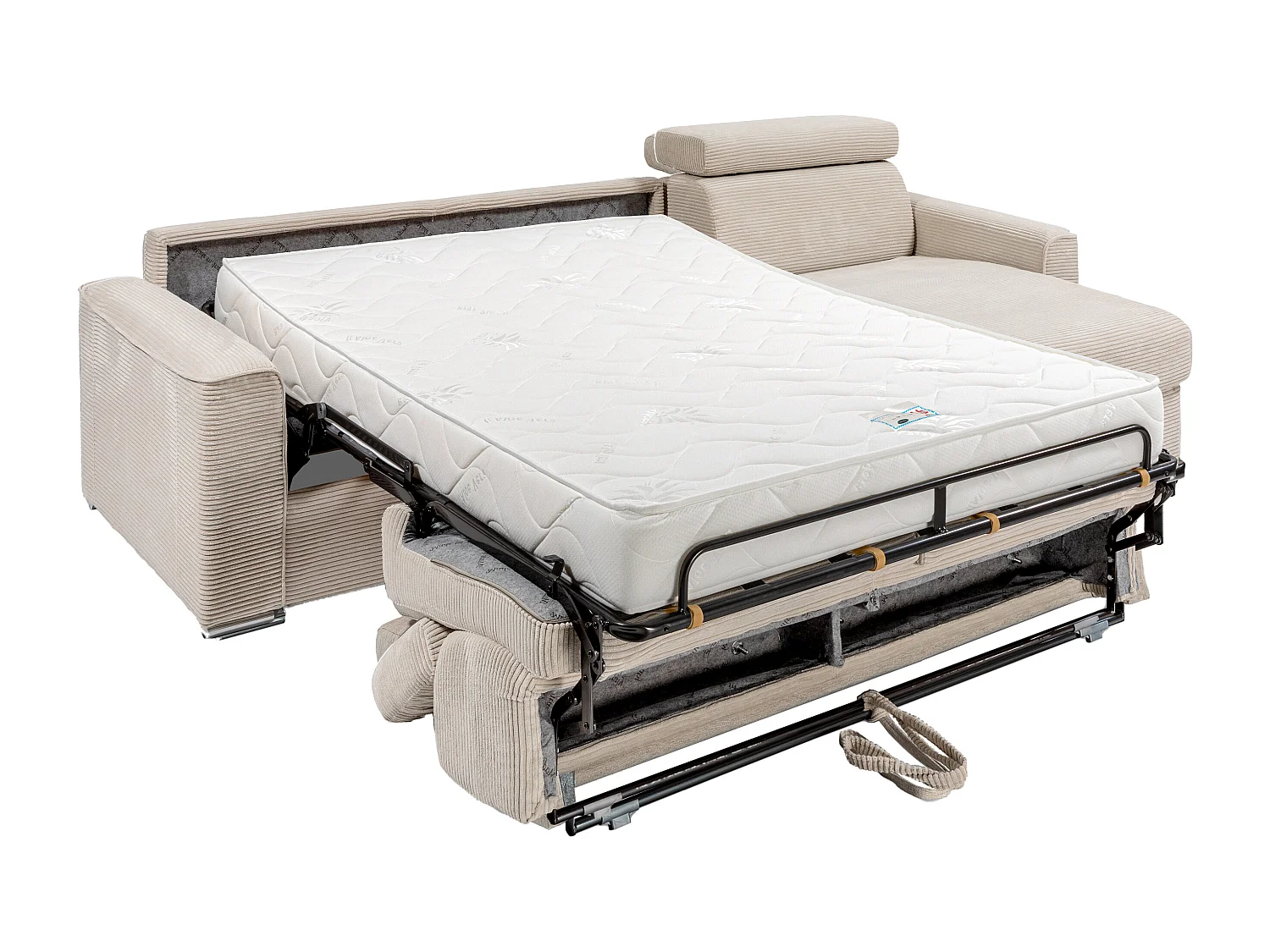 Vändbar bäddsoffa med snabbutfällning i beige manchestersammet - 160 cm breda ribbor som underlag - 18 cm madrass - VIZIR