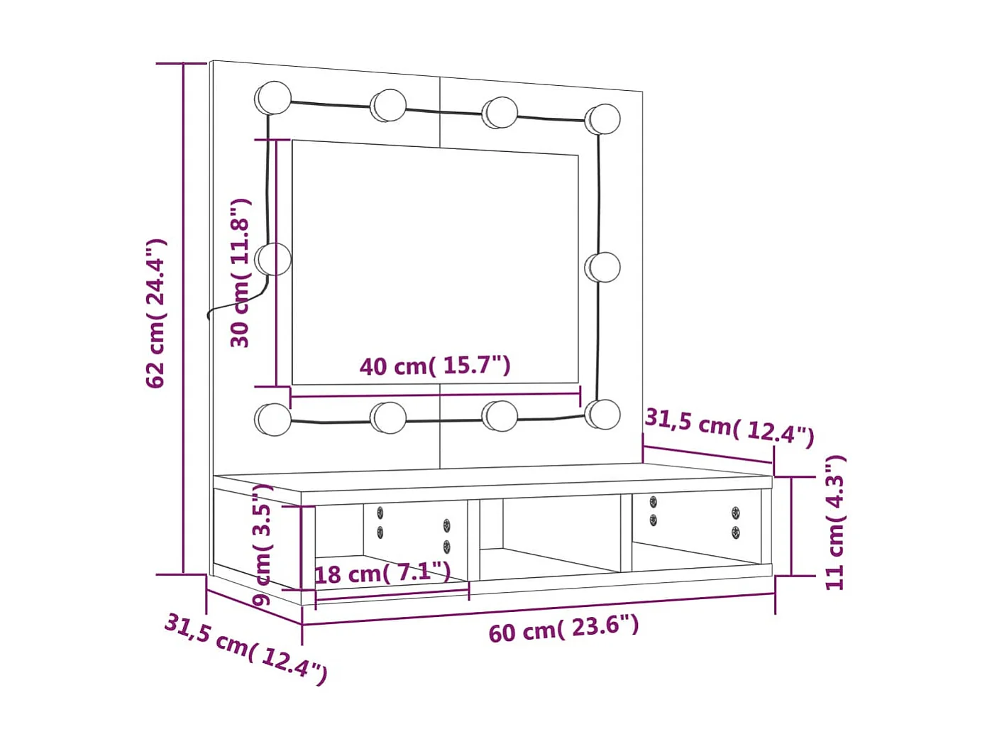 Spiegelkast met LED-verlichting 60x31,5x62 cm hoogglans wit