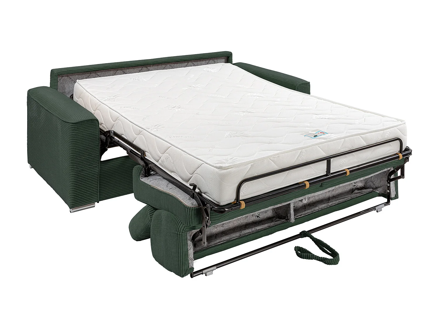 Sofá cama de 4 plazas de pana verde - Base de láminas de 160 cm - Colchón de 18 cm - VIZIR