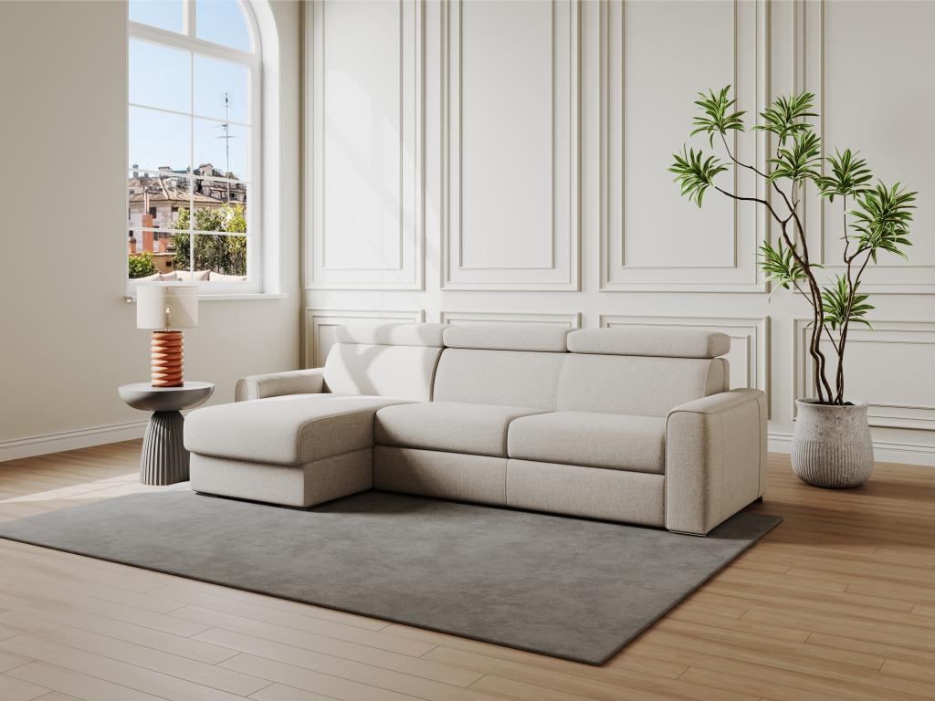 Canapé d'angle réversible convertible express en tissu beige - Couchage 160 cm - Matelas 22 cm mémoire de forme - VIZIR