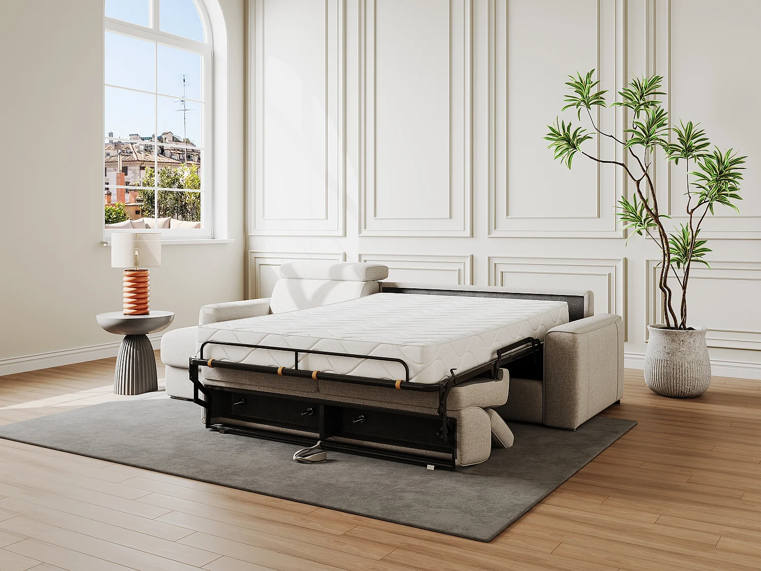 Ecksofa mit Matratze - Ecke wechselbar - Stoff - Beige - Liegefläche mit Lattenrost mit breiten Latten 160 cm - Matratze 22 cm - Memory Schaum - VIZIR