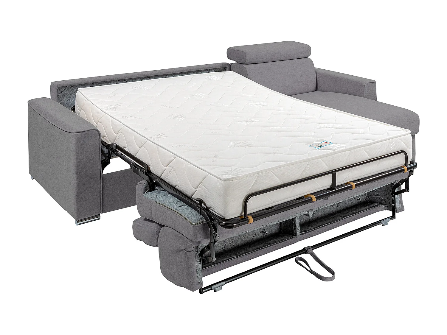 Vendbar hjørnesofa med ekspres-sovefunktion i gråt stof - 160 cm bred lamelbund - 22 cm memoryskum madras - VIZIR