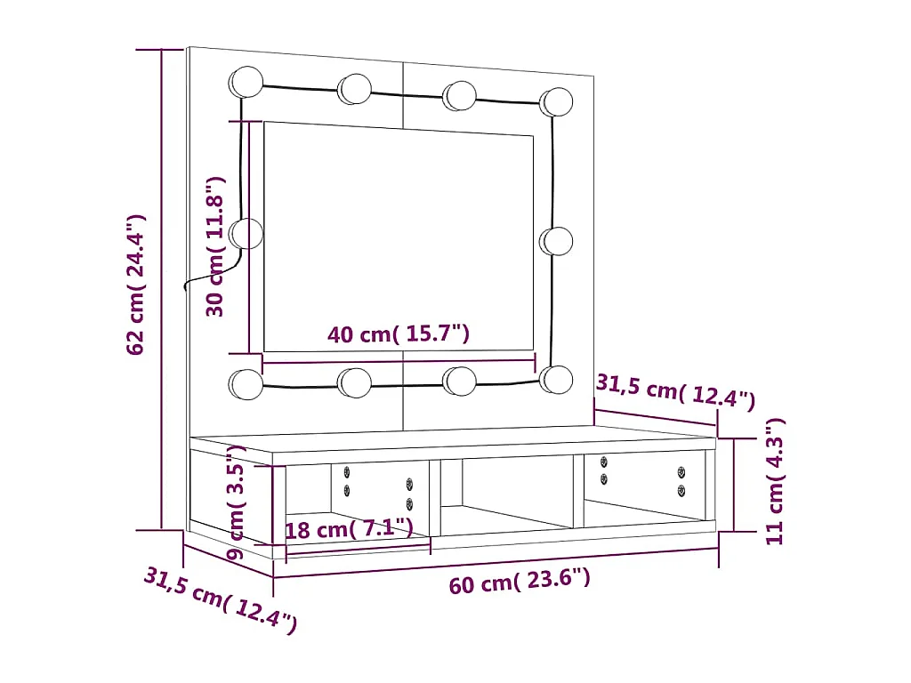 Spiegelkast met LED-verlichting 60x31,5x62 cm bruin eikenkleur