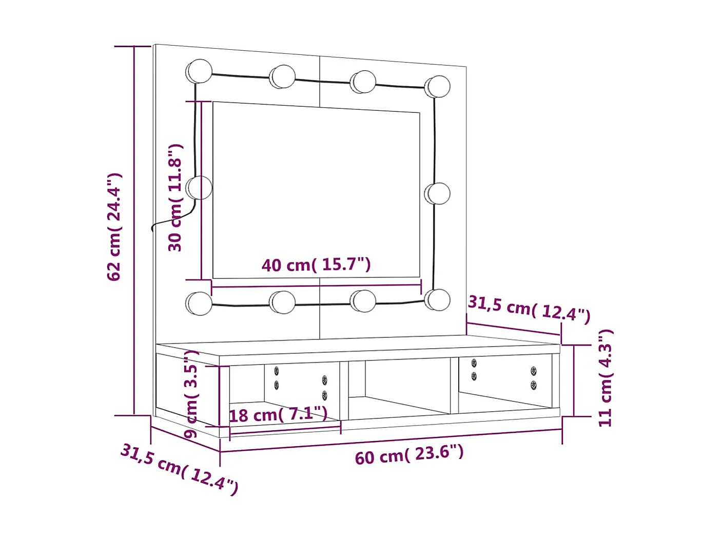 Spiegelkast met LED-verlichting 60x31,5x62 cm grijs sonoma
