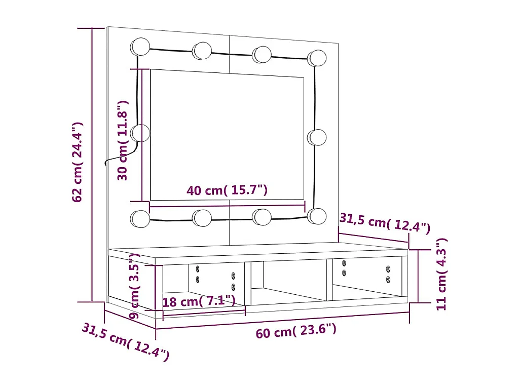 Spiegelkast met LED-verlichting 60x31,5x62 cm grijs sonoma