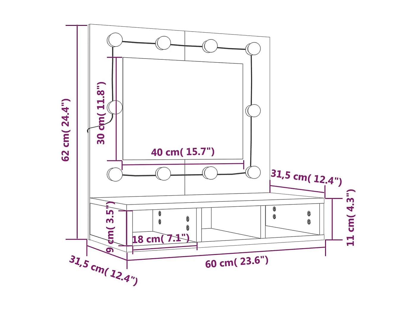 Mobile a Specchio con LED Bianco 60x31,5x62 cm