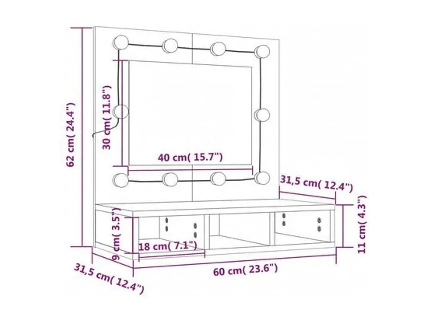 Mueble con espejo y luces LED roble Sonoma 60x31,5x62 cm