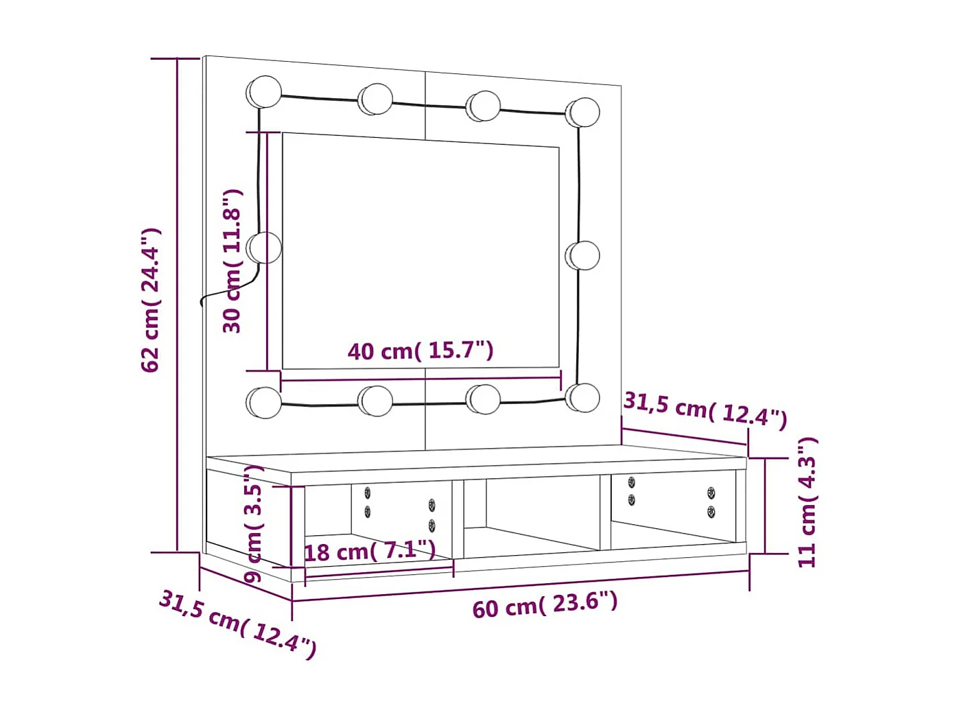 Armoire à miroir avec LED Gris béton 60x31,5x62 cm
