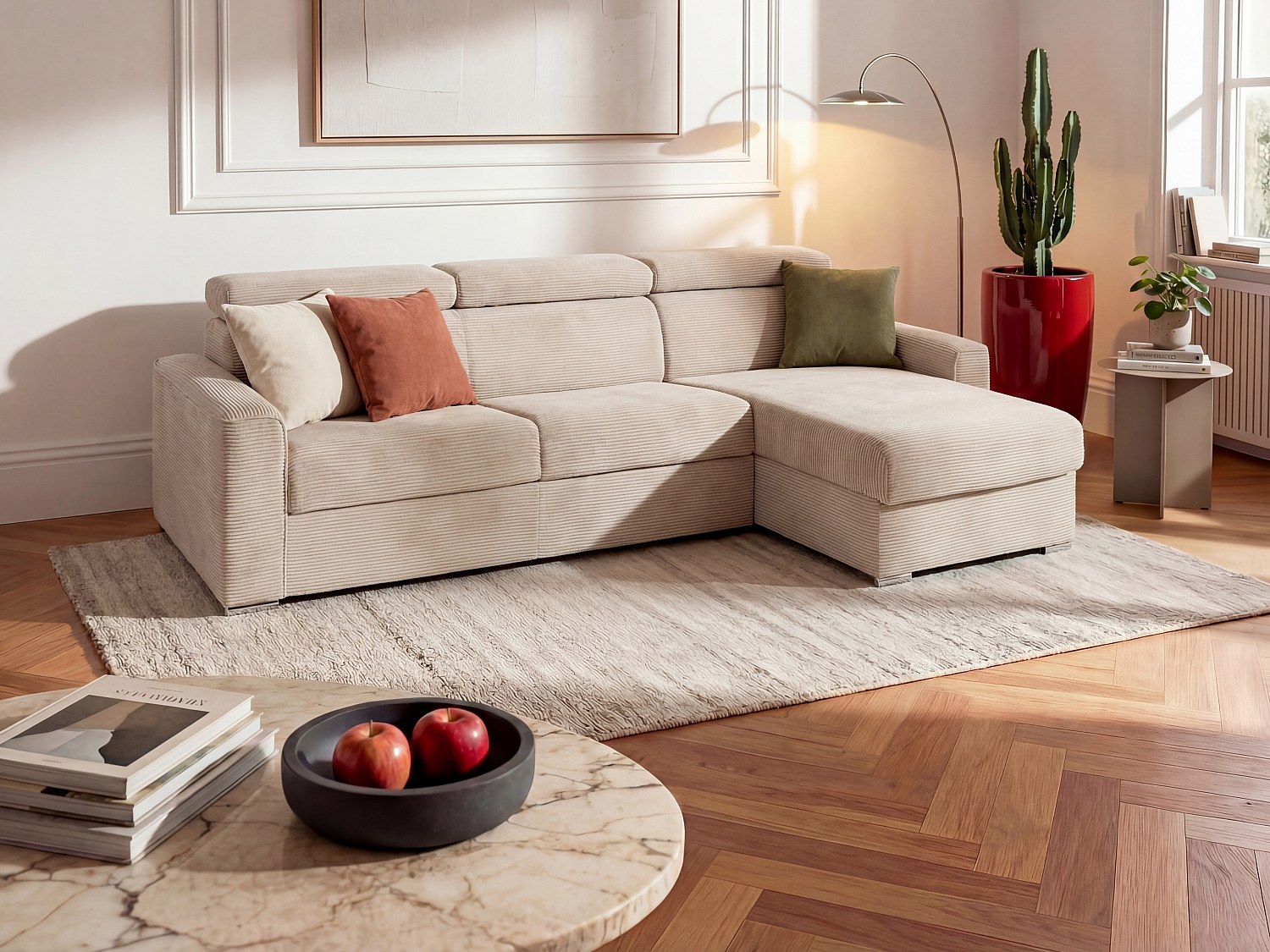 Vendbar sovesofabenk med hurtigmekanisme i beige cordfløyel - Liggflate med brede spiler 160 cm - Madrass 22 cm med memory-skum - VIZIR