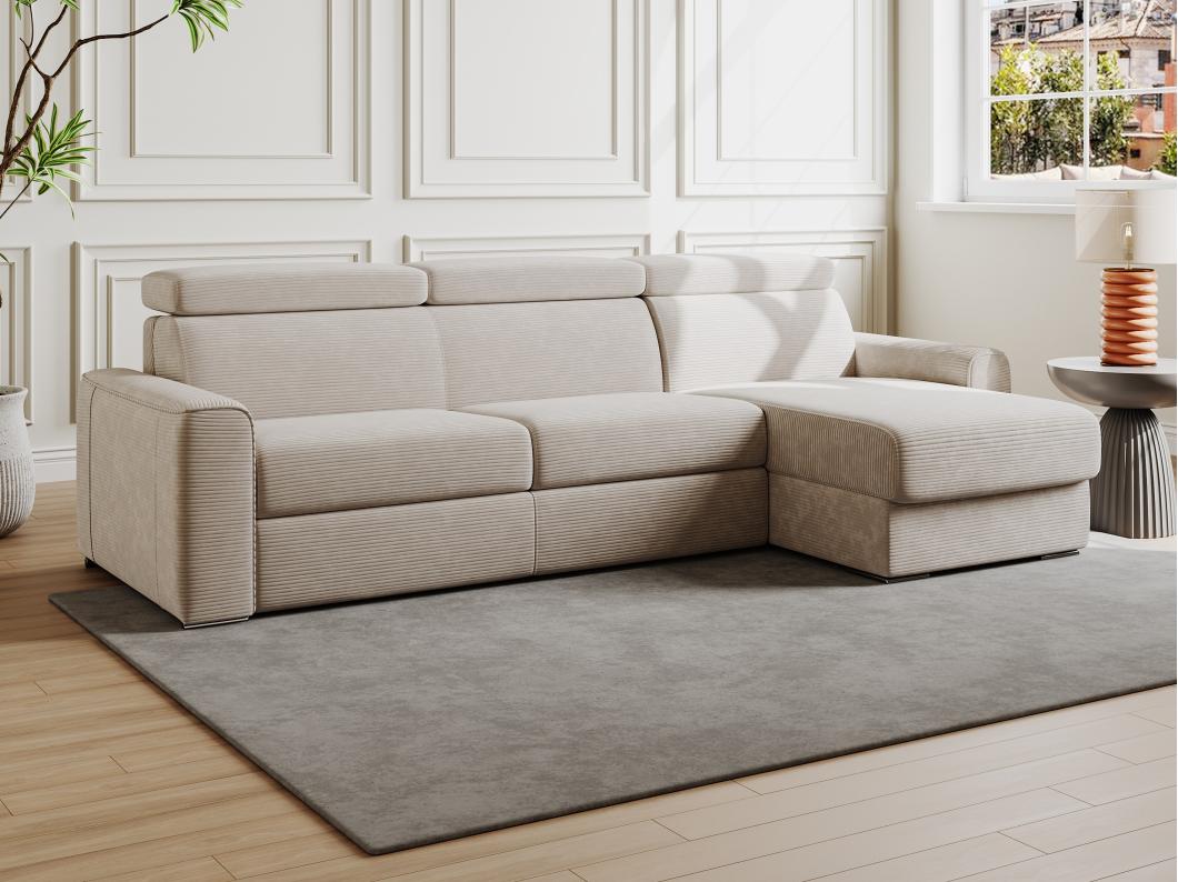 Ecksofa mit Matratze - Ecke wechselbar - Cord - Beige - Liegefläche mit Lattenrost mit breiten Latten 160 cm - Matratze 22 cm - Memory Schaum - VIZIR