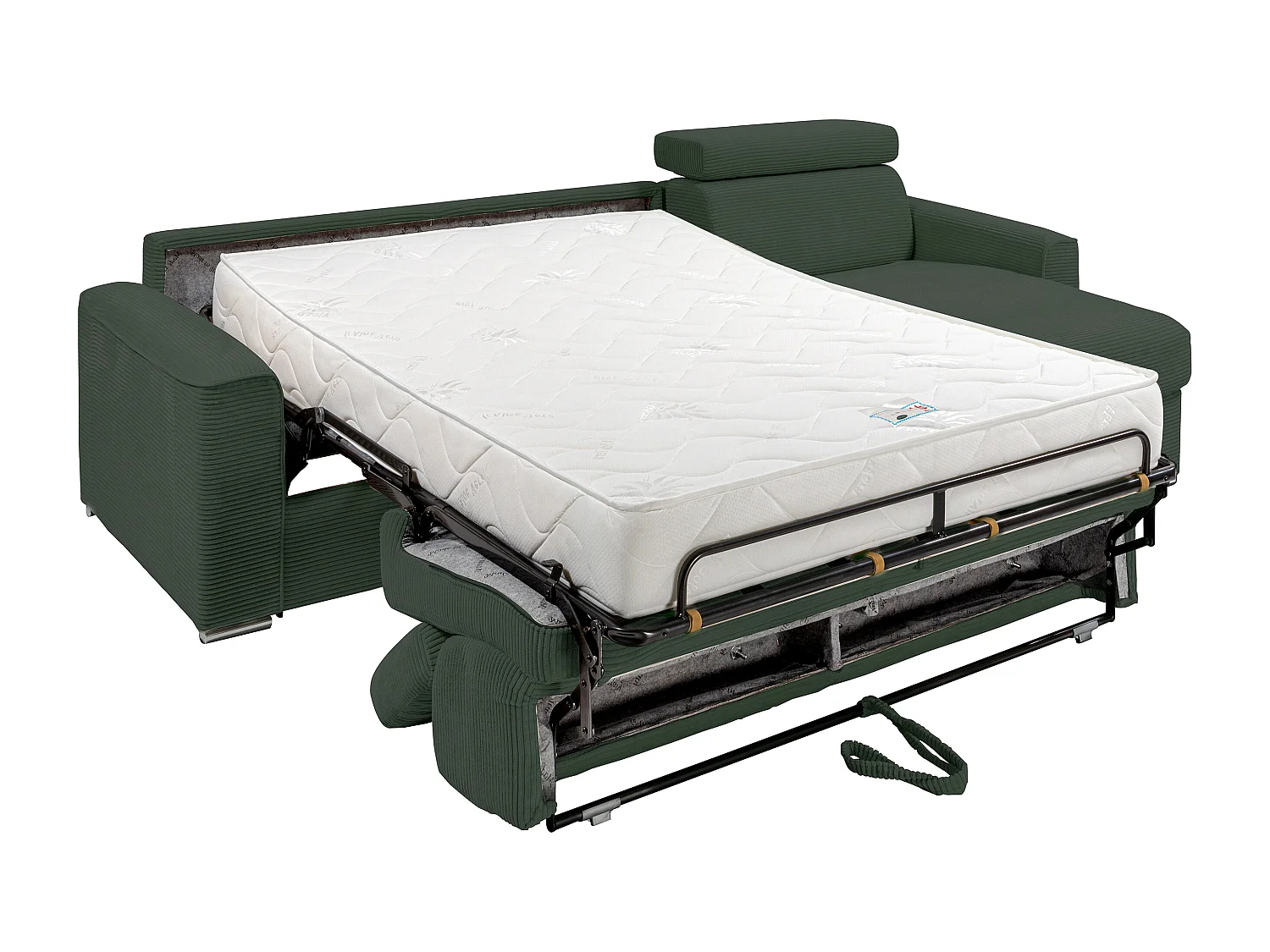 Sofá de canto reversível e convertível abertura rápida veludo canelado verde, cama de ripas largas 160 cm, colchão 22 cm - VIZIR