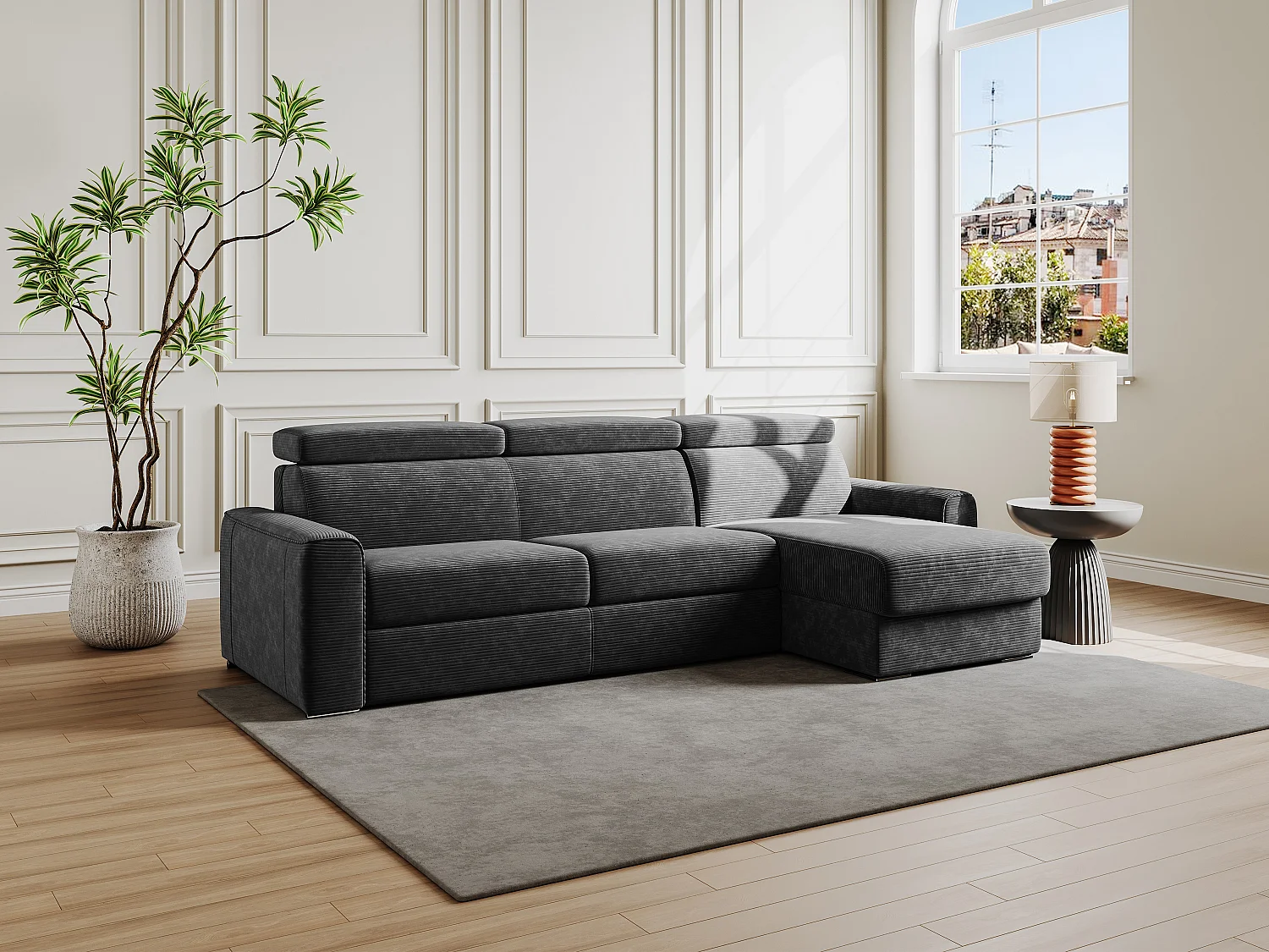 Ecksofa mit Matratze - Ecke wechselbar - Cord - Anthrazitgrau - Liegefläche 160 cm - Matratze 22 cm - Memory Schaum - VIZIR