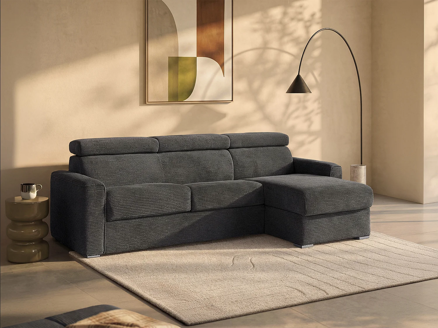 Reversible Express Convertible Corner Sofa in Anthracite Grey Corduroy Velvet -Bed 160 cm - 22 cm Memory Foam Mattress - VIZIR