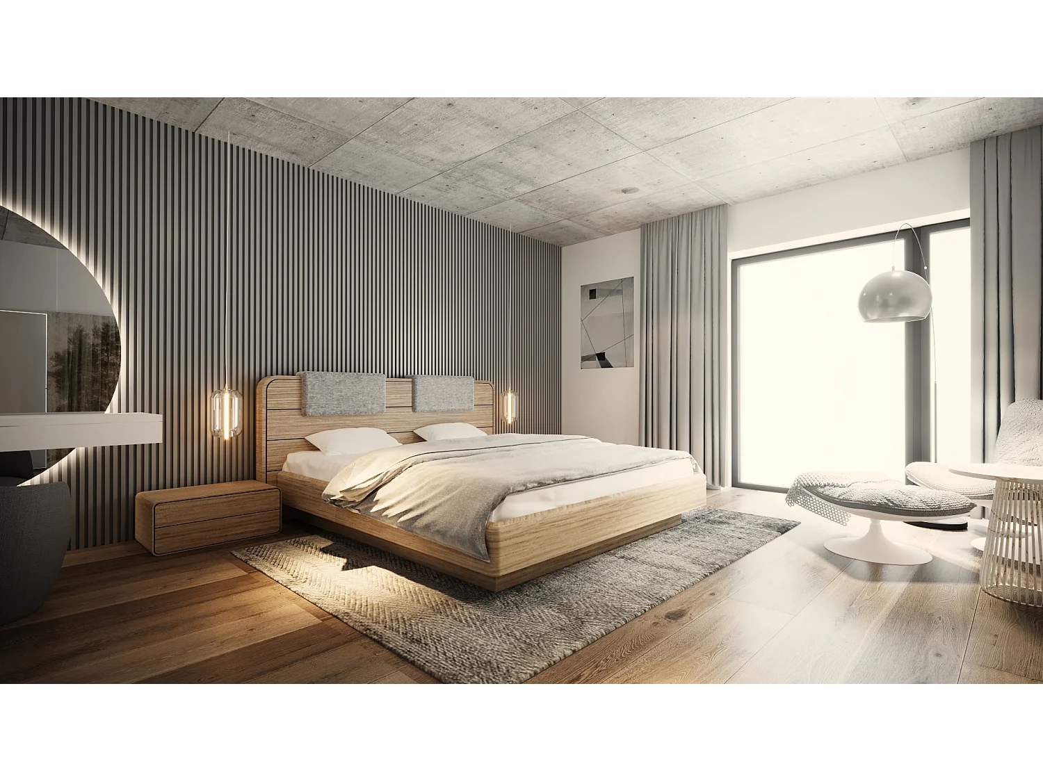 Lit Double SENSE 200x200 cm Capitonné - bois de chêne massif