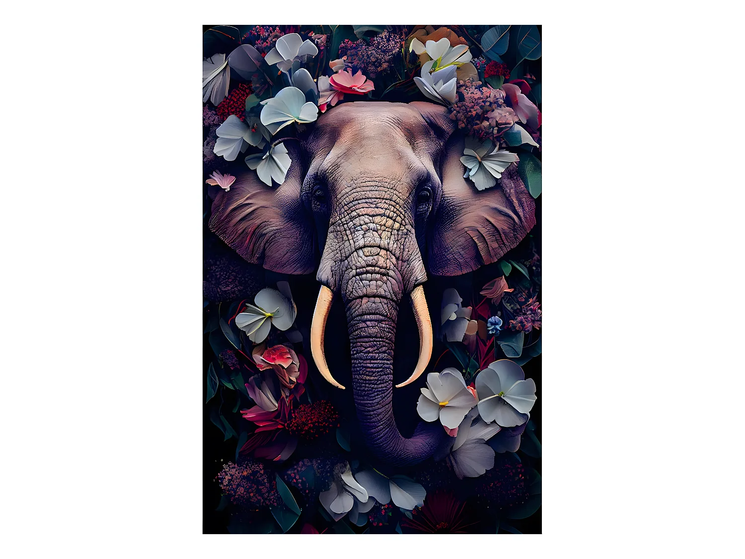 Tableau sur verre synthétique éléphant fleuri 80x120 cm