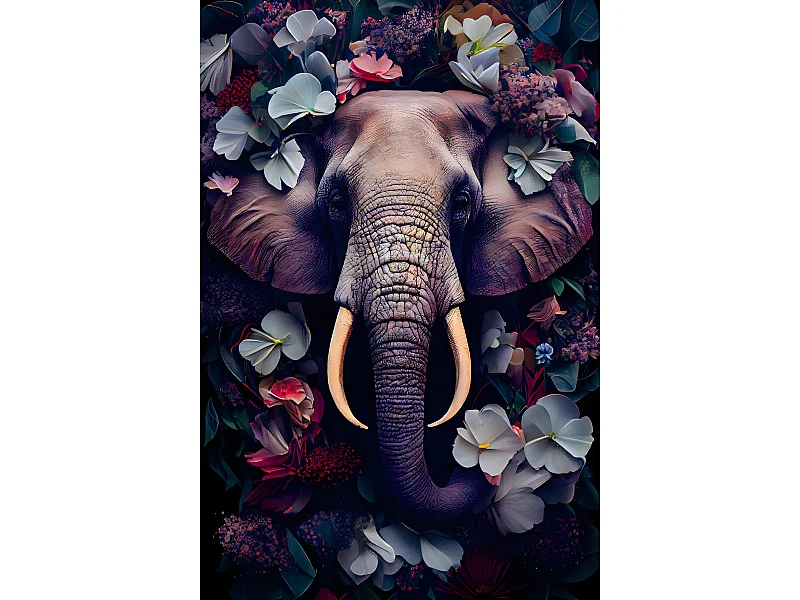 Tableau sur verre synthétique éléphant fleuri 80x120 cm