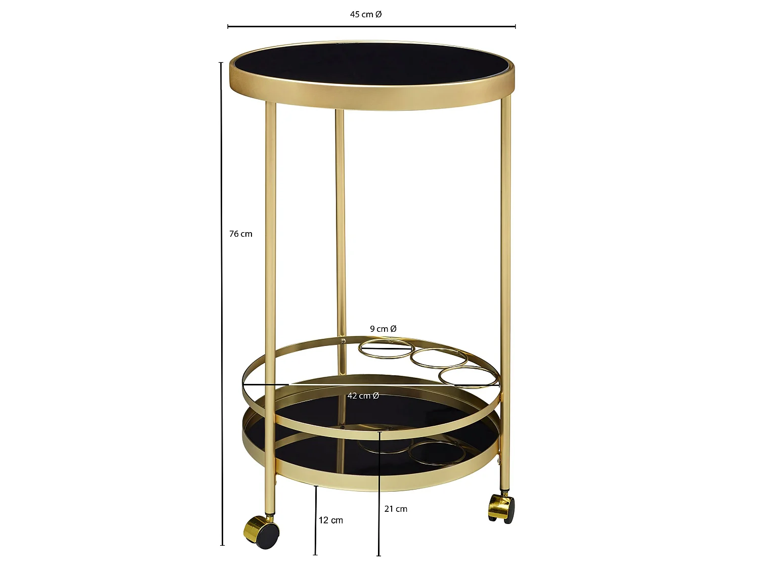 desserte table d'appoint dorée sur roulettes chariot de salle à manger en verre rond Ø 45 cm
