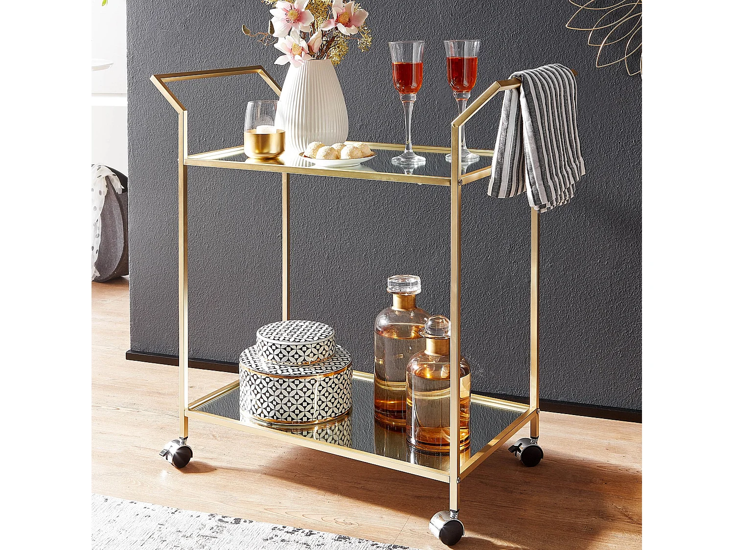 Design Chariot de Service Verre Or 73x78x37 cm Rétro Chariot De Thé