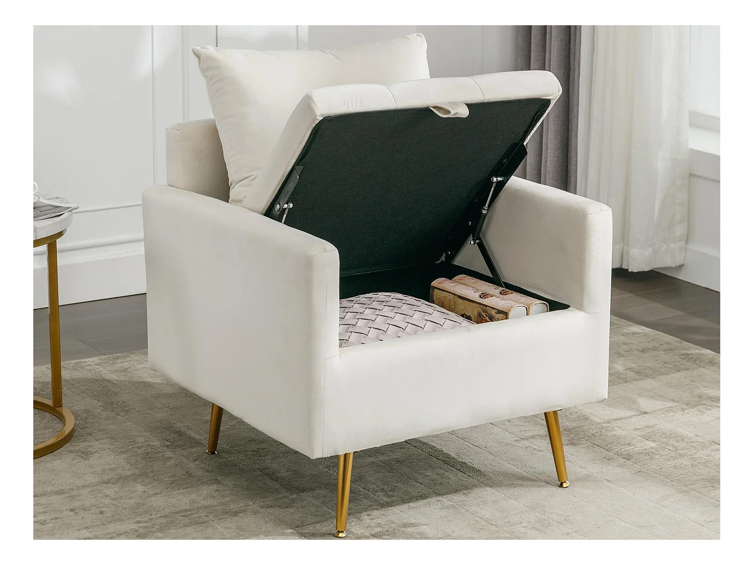 Fauteuil in fluweelstof met opbergruimte en kussen - poten van goudkleurig metaal - Wit