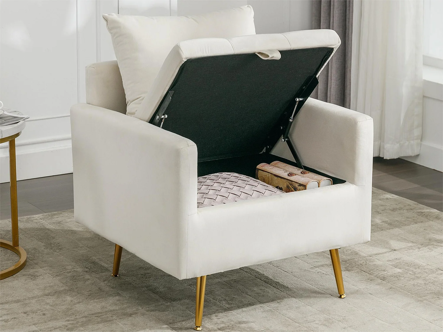 Sillón de tela de terciopelo con almacenaje y cojín - patas de metal dorado - Blanco