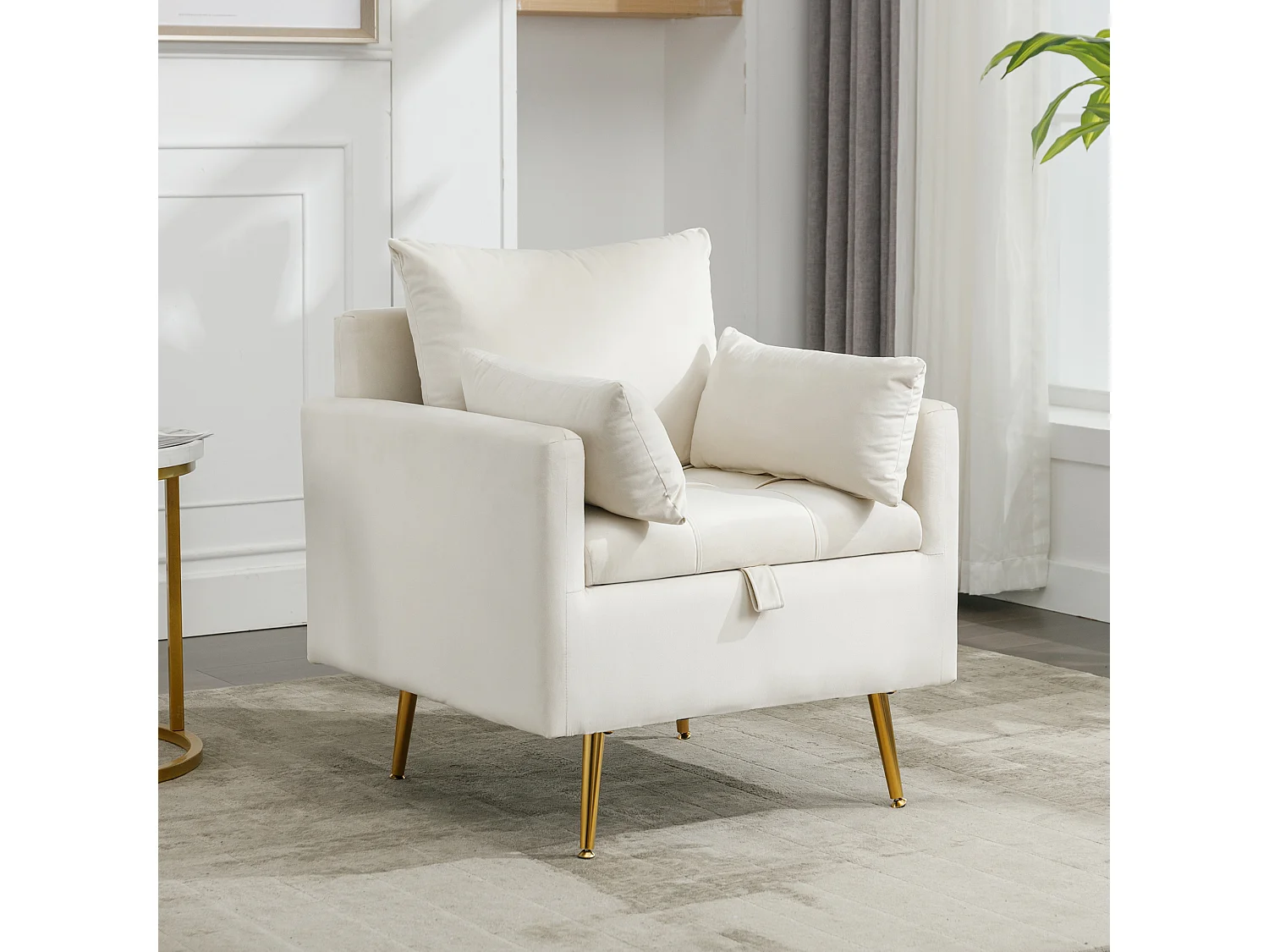 Sillón de tela de terciopelo con almacenaje y cojín - patas de metal dorado - Blanco