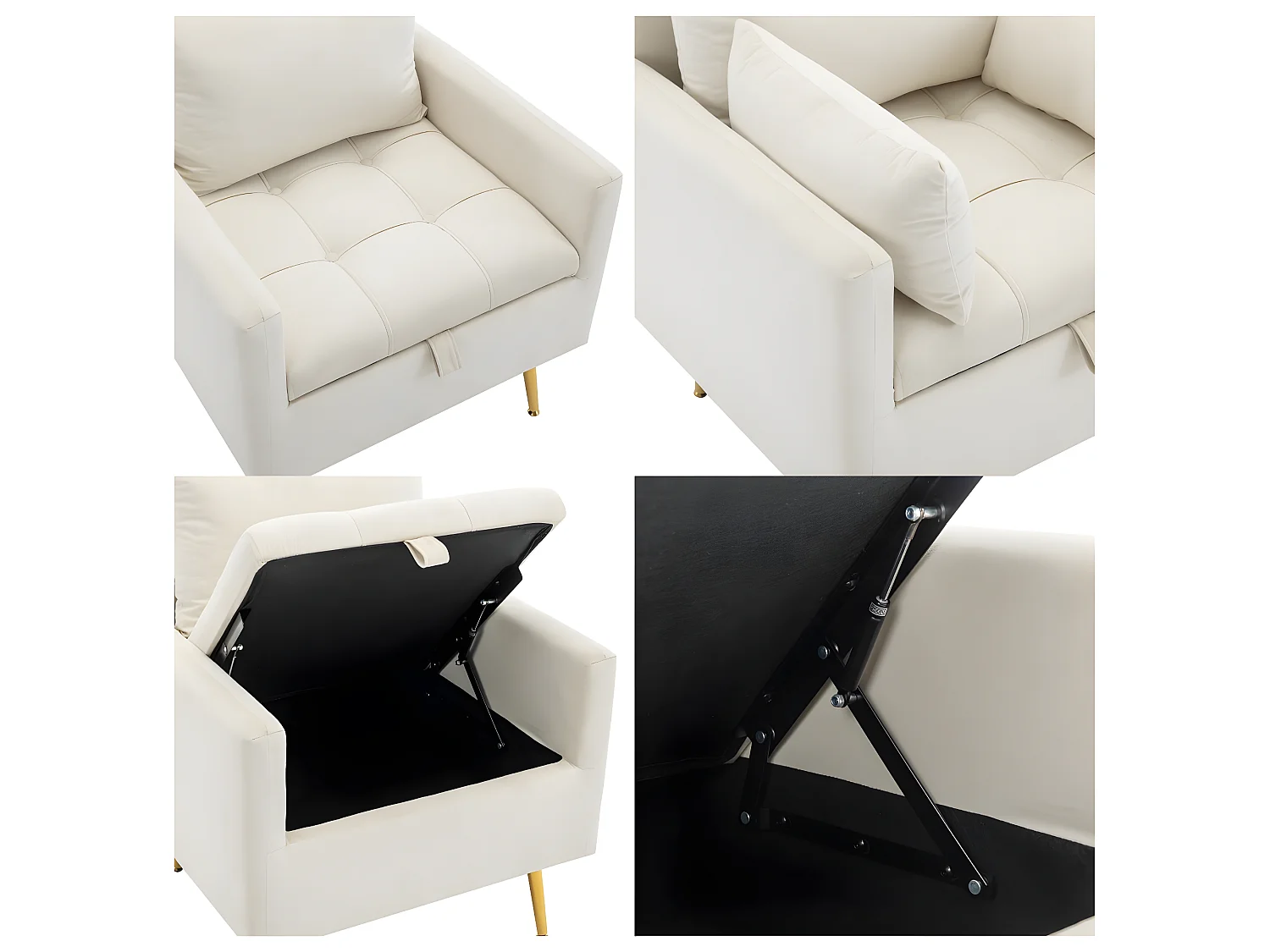 Sillón de tela de terciopelo con almacenaje y cojín - patas de metal dorado - Blanco