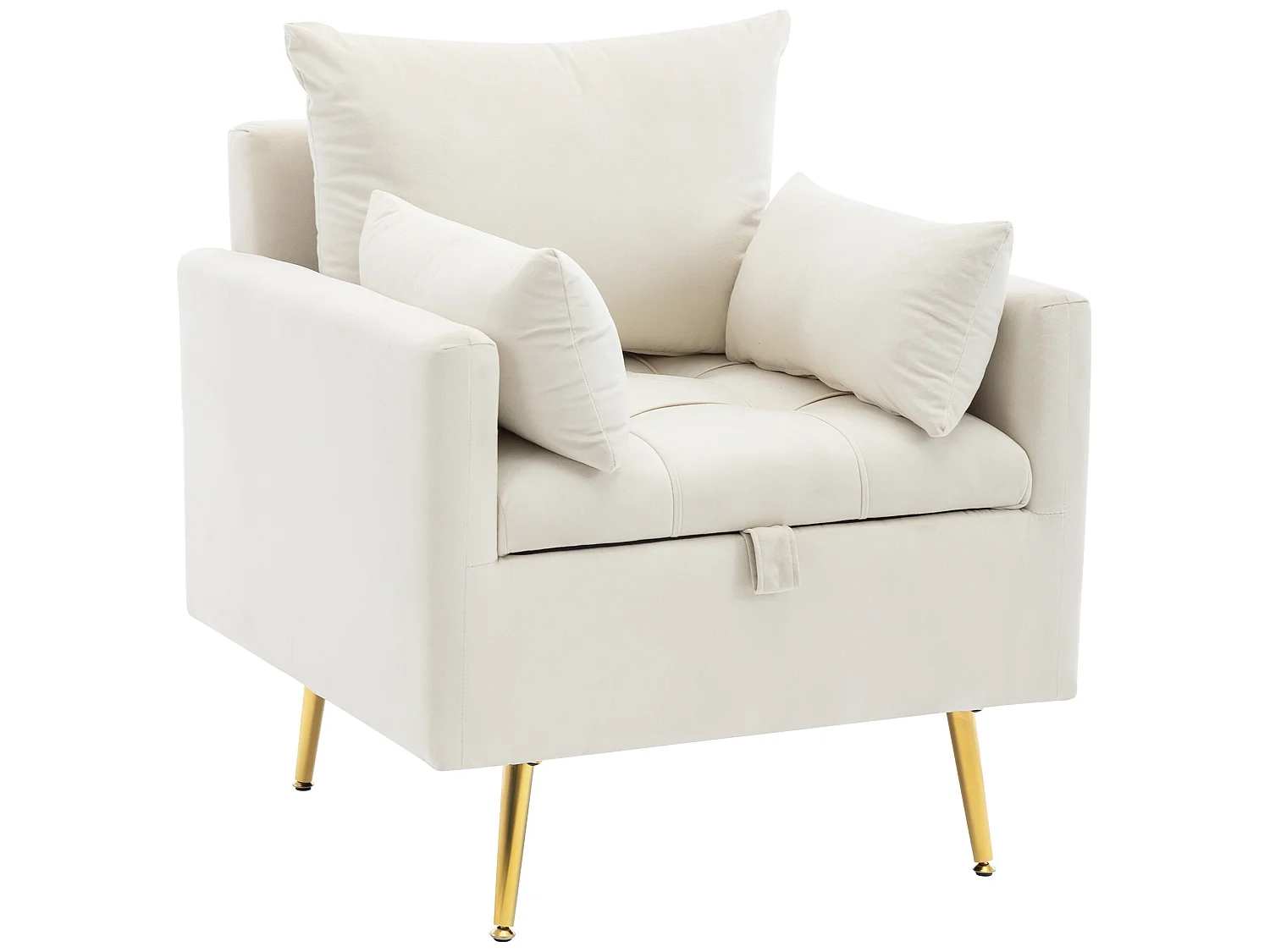 Sillón de tela de terciopelo con almacenaje y cojín - patas de metal dorado - Blanco