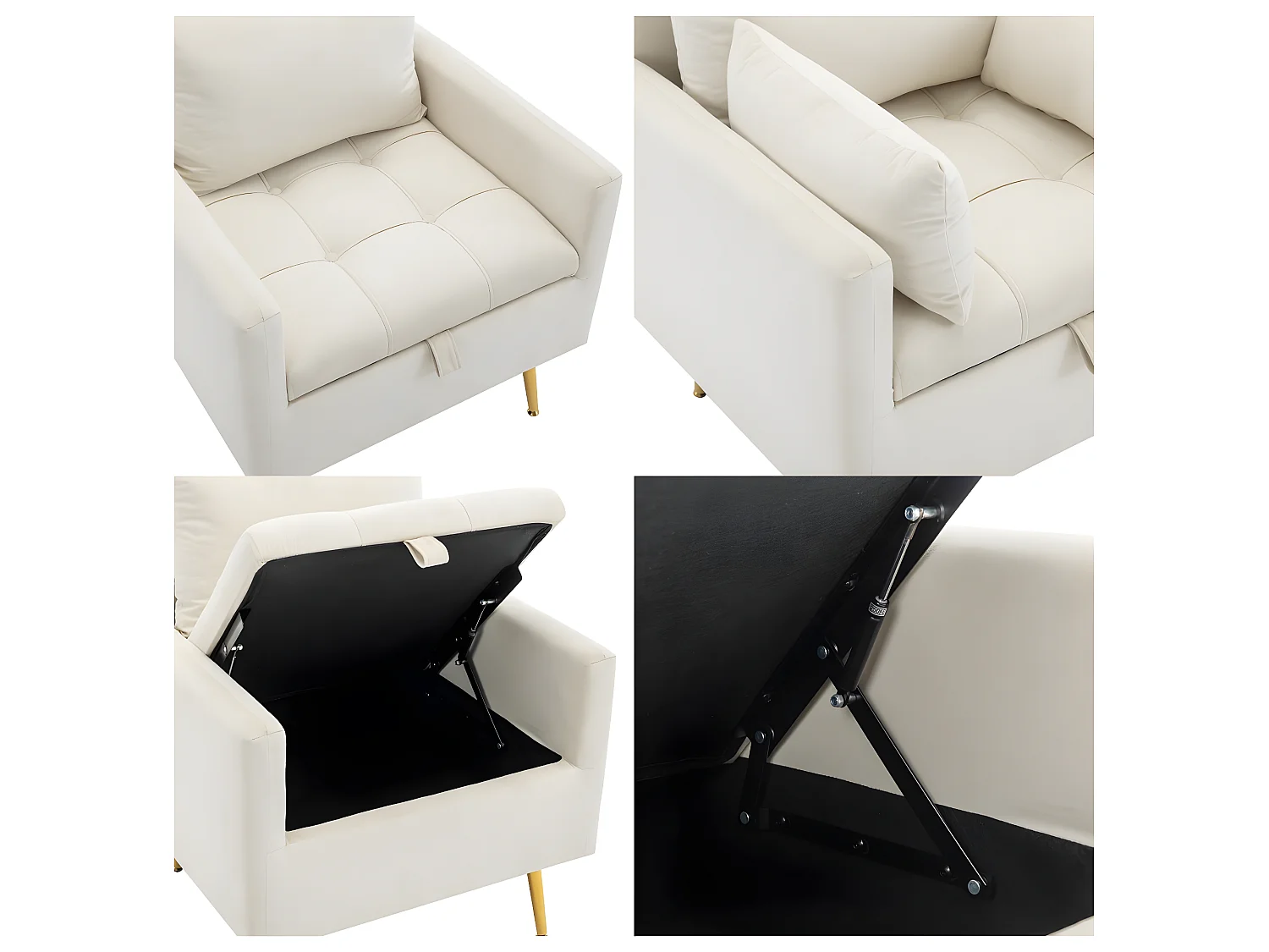 Fauteuil tissu en velours avec rangement et coussin - pieds en métal doré - Blanc