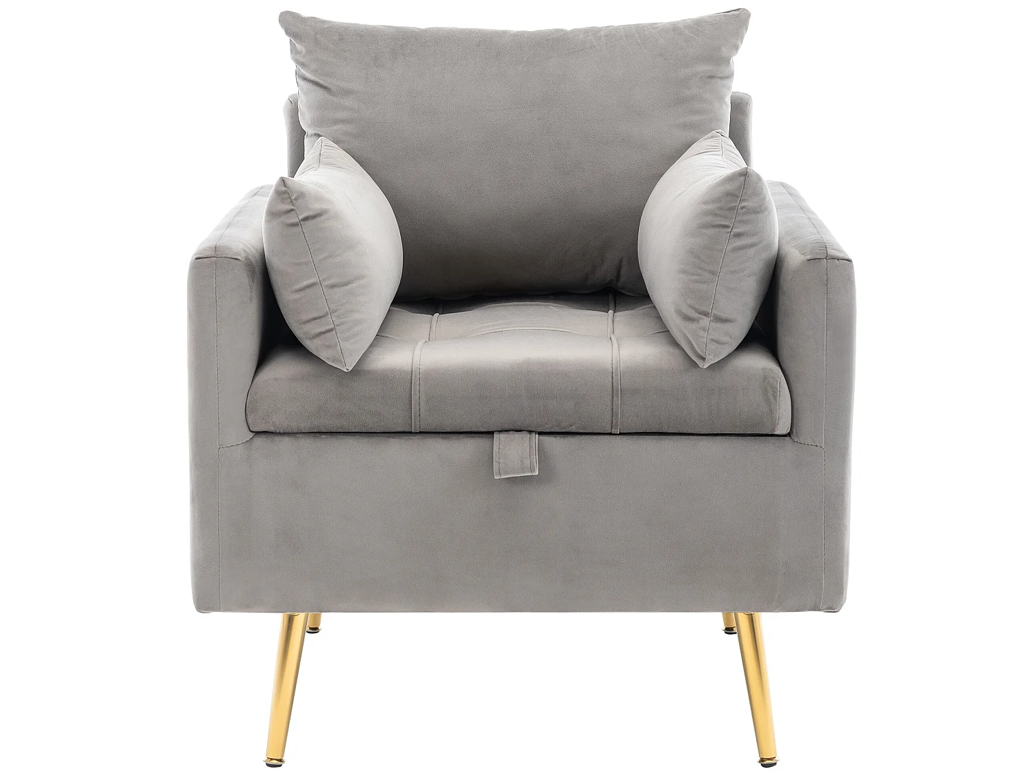 Fauteuil tissu en velours avec rangement et coussin - pieds en métal doré - Gris