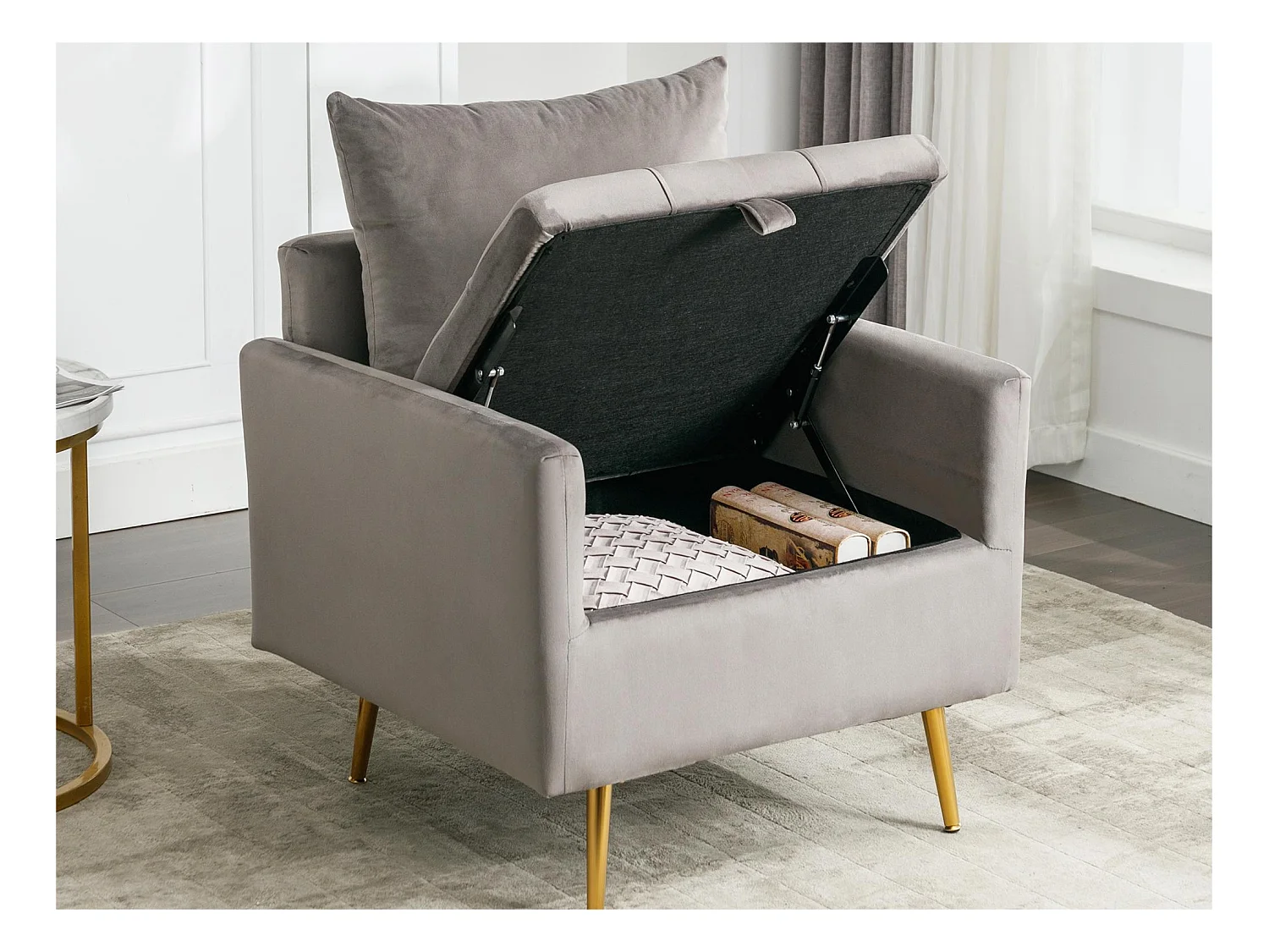 Fauteuil tissu en velours avec rangement et coussin - pieds en métal doré - Gris