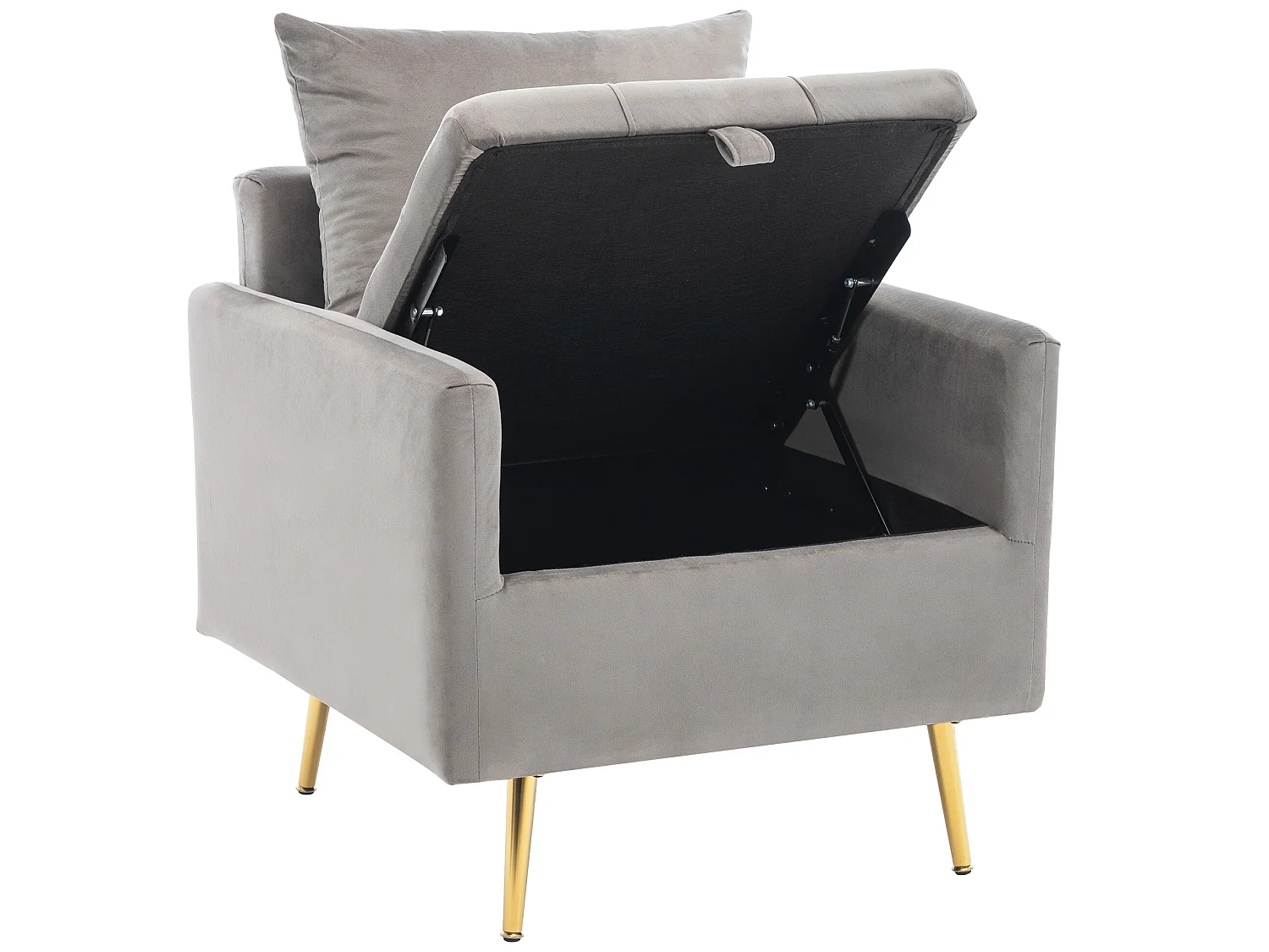 Fauteuil in fluweelstof met opbergruimte en kussen - poten van goudkleurig metaal - Grijs