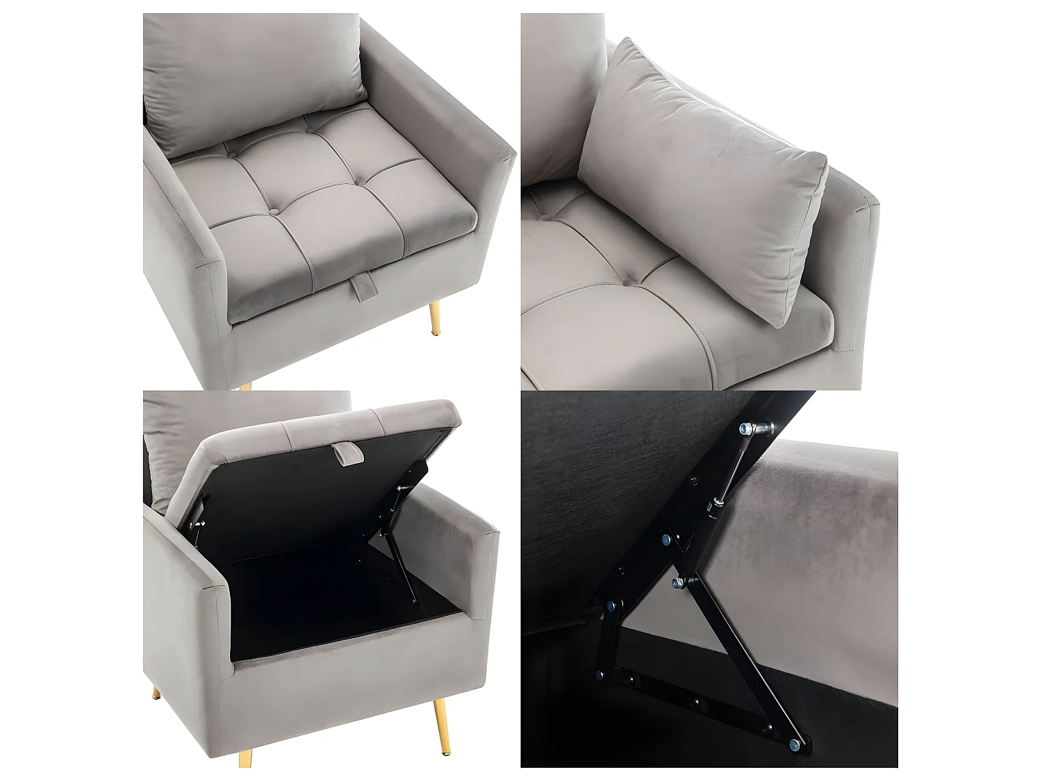 Fauteuil tissu en velours avec rangement et coussin - pieds en métal doré - Gris
