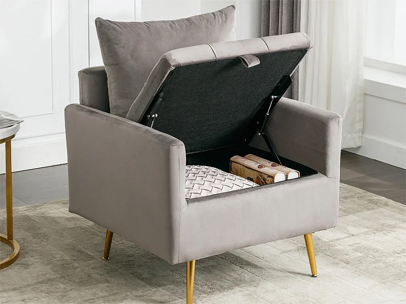 Sessel aus Samtstoff mit Stauraum und Kissen – goldene Metallbeine – Grau