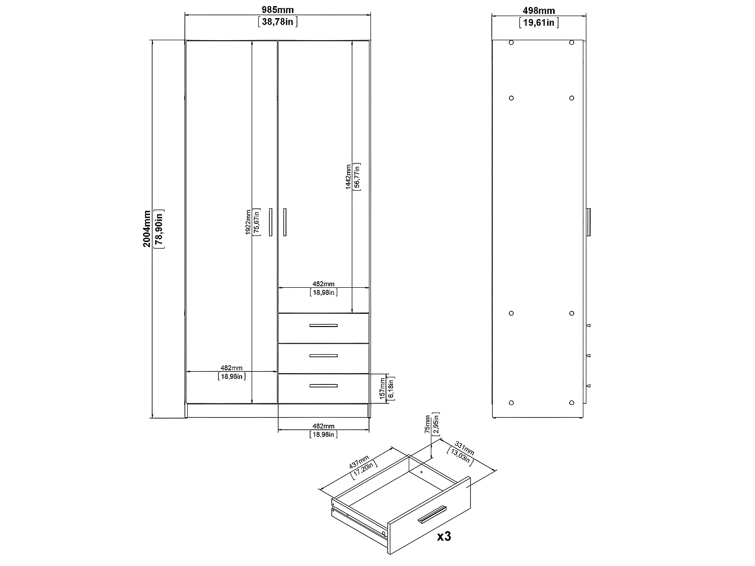 Spell Armoire 2 portes et 3 tiroirs, blanc.