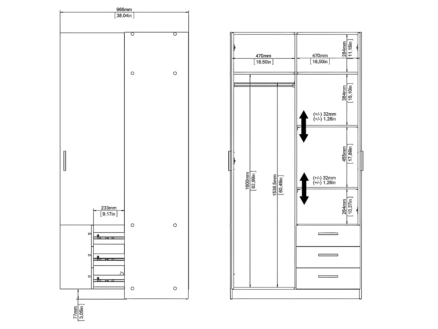 Spell Armoire 2 portes et 3 tiroirs, blanc.
