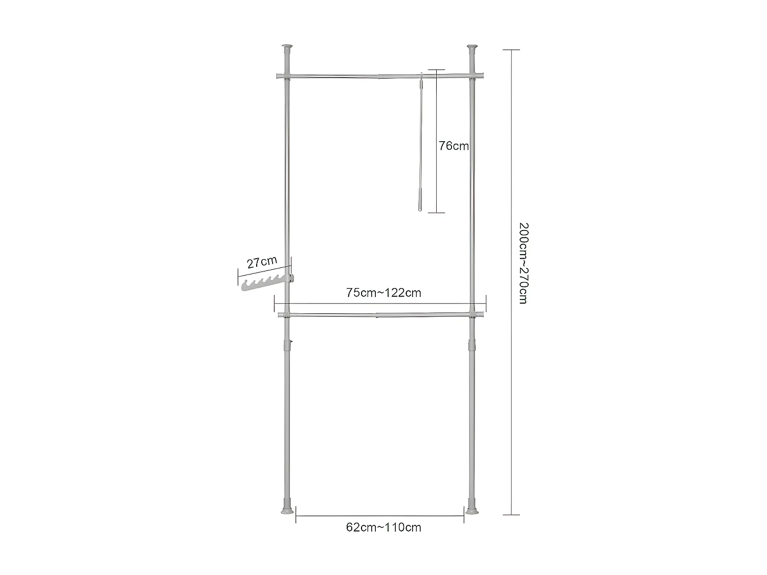 SoBuy Telescoopgarderobe Herkule-systeem, 2 kledingrekstangen breedte (62-113 cm) x hoogte (108-285 cm), FRG109-HG