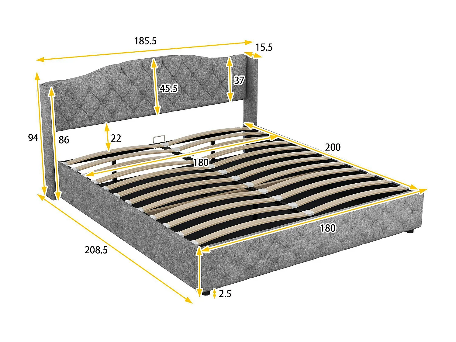 Letto contenitore con rete a doghe - tessuto di lino - 180x200 cm - grigio
