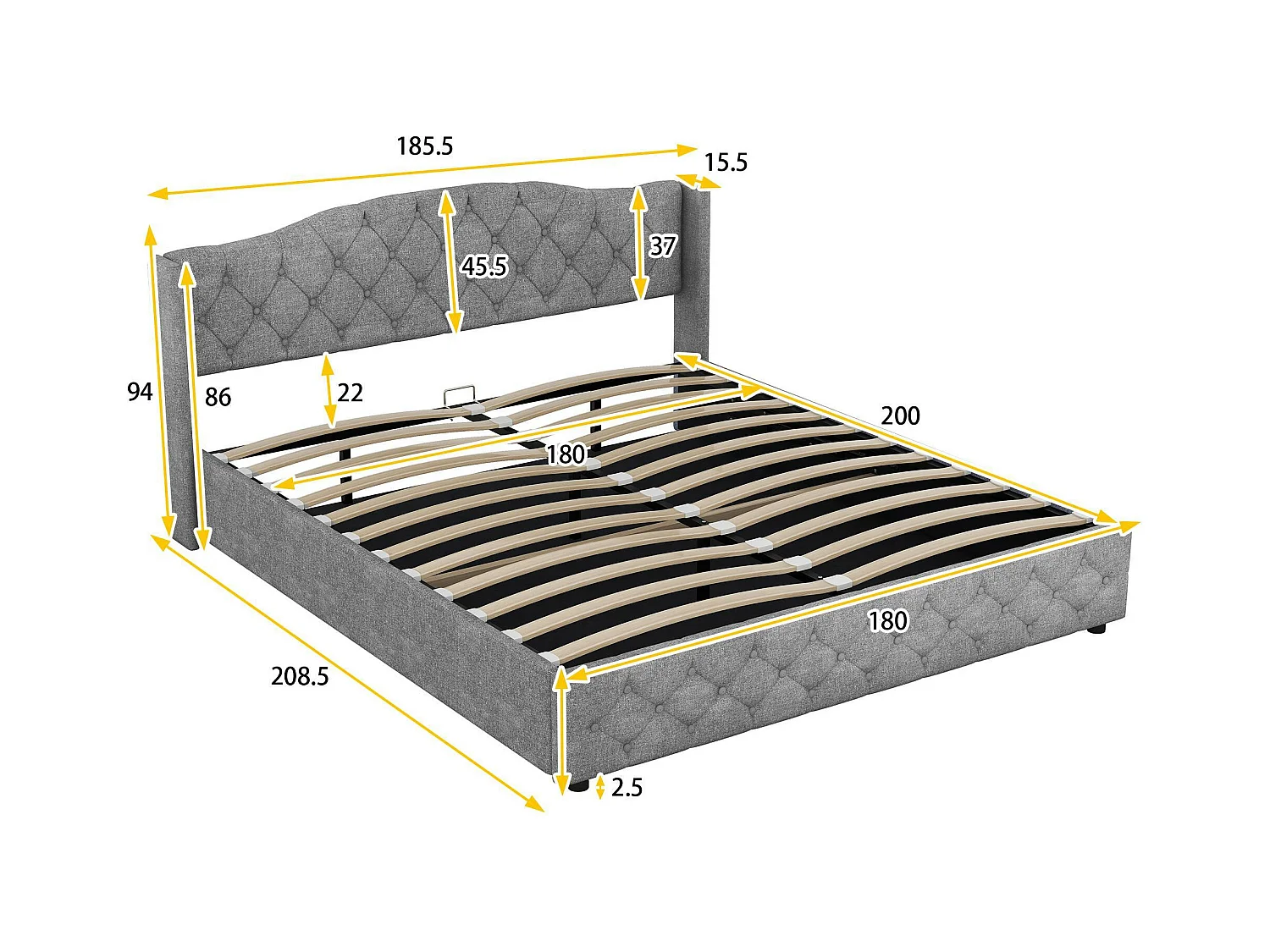 Lit coffre avec sommier à lattes - tissu en lin - 180x200cm - gris