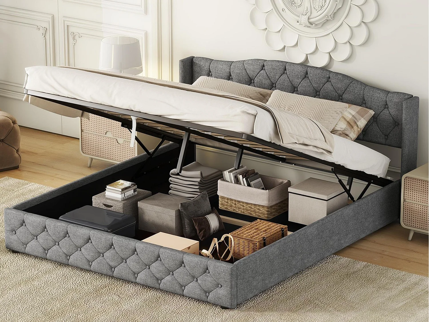 Letto contenitore con rete a doghe - tessuto di lino - 180x200 cm - grigio