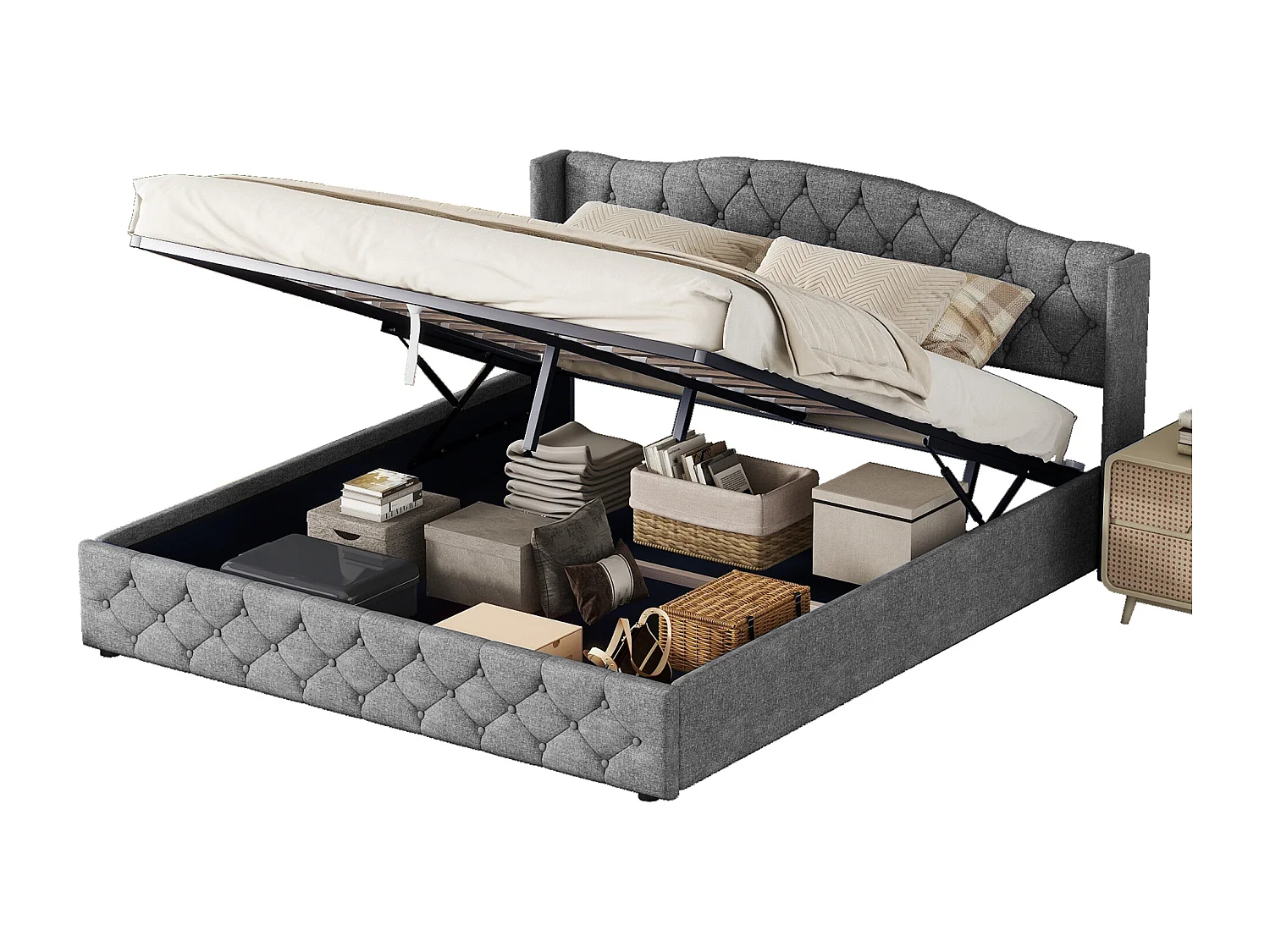 Letto contenitore con rete a doghe - tessuto di lino - 180x200 cm - grigio