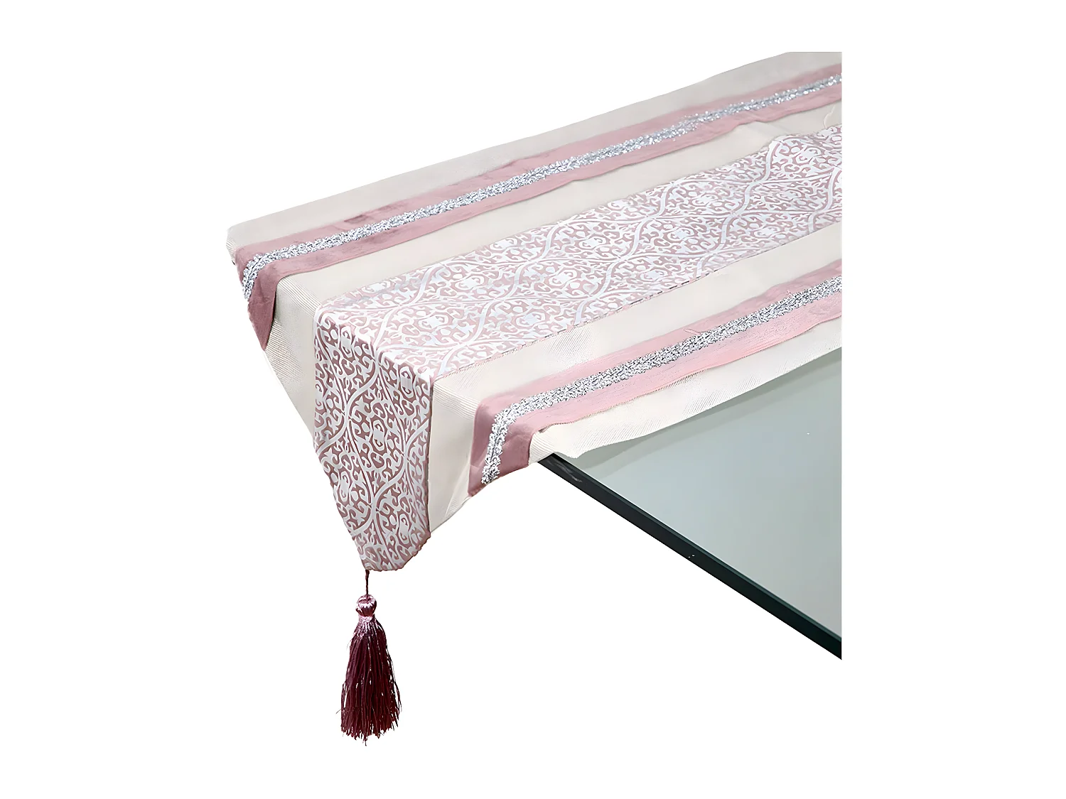 Camino 33*180 rosa flor de lis terciopelo pompones louise