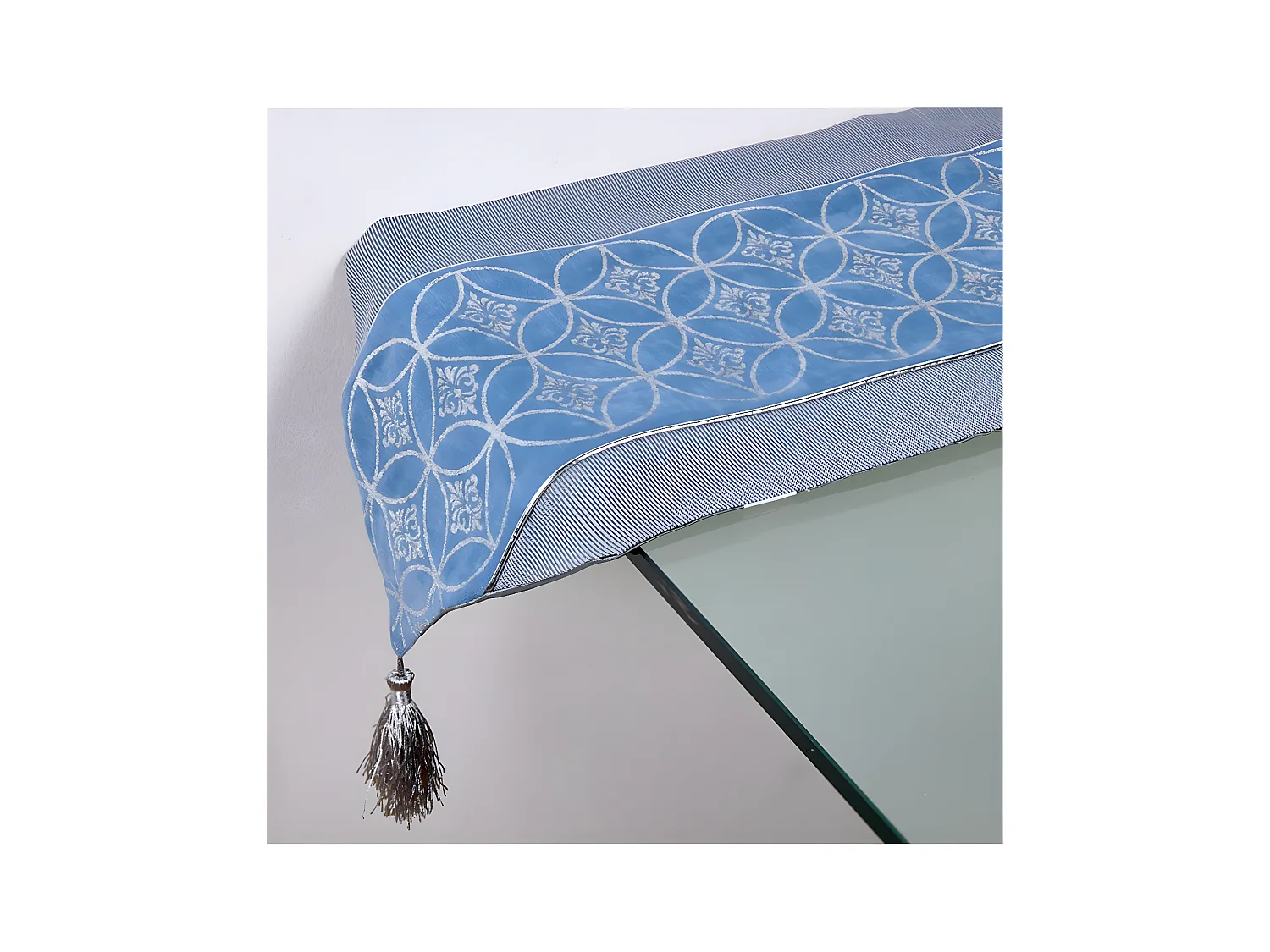 Camino mesa 30*180 gris banda azul plata circulo iris