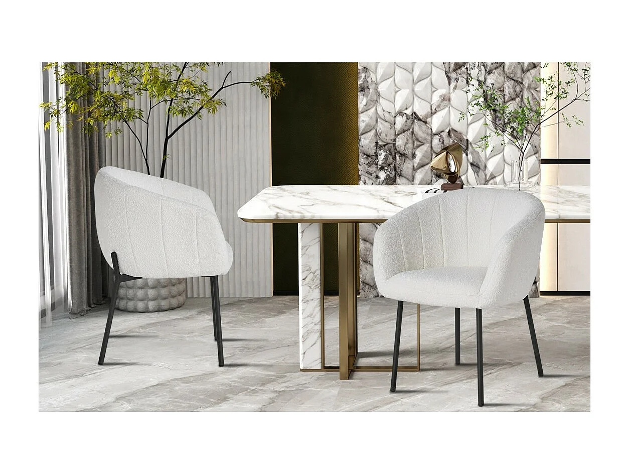 Chaise SEVILLE – Tissu bouclé blanc – Pieds métal noir – H79 x L57 x P62 cm