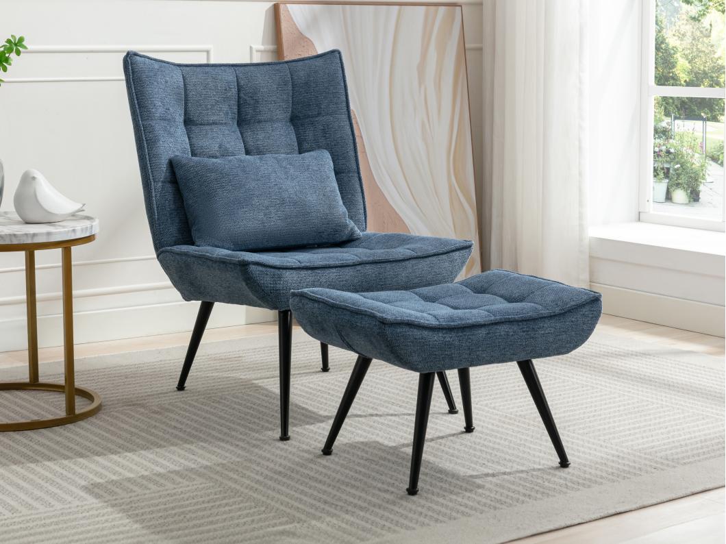 Sillón con reposapiés de tela azul MARACAO