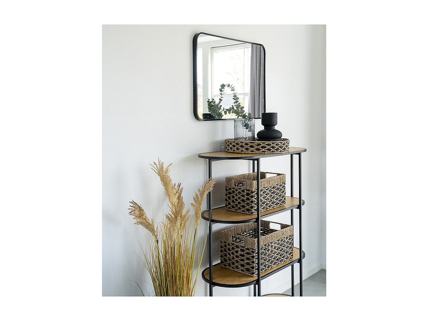 TESSY - Lot de 2 Paniers Rectangles en Fibre Naturelle Motifs Géométriques Noir et Naturel