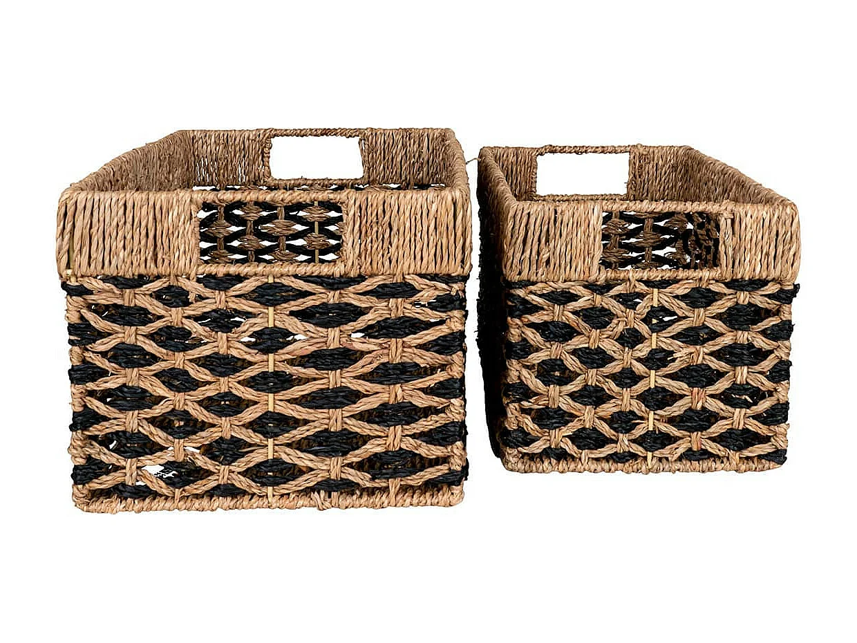 TESSY - Lot de 2 Paniers Rectangles en Fibre Naturelle Motifs Géométriques Noir et Naturel