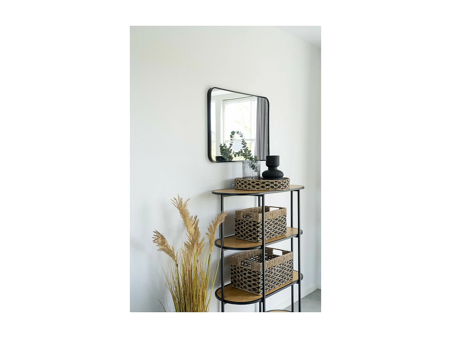 TESSY - Lot de 2 Paniers Rectangles en Fibre Naturelle Motifs Géométriques Noir et Naturel